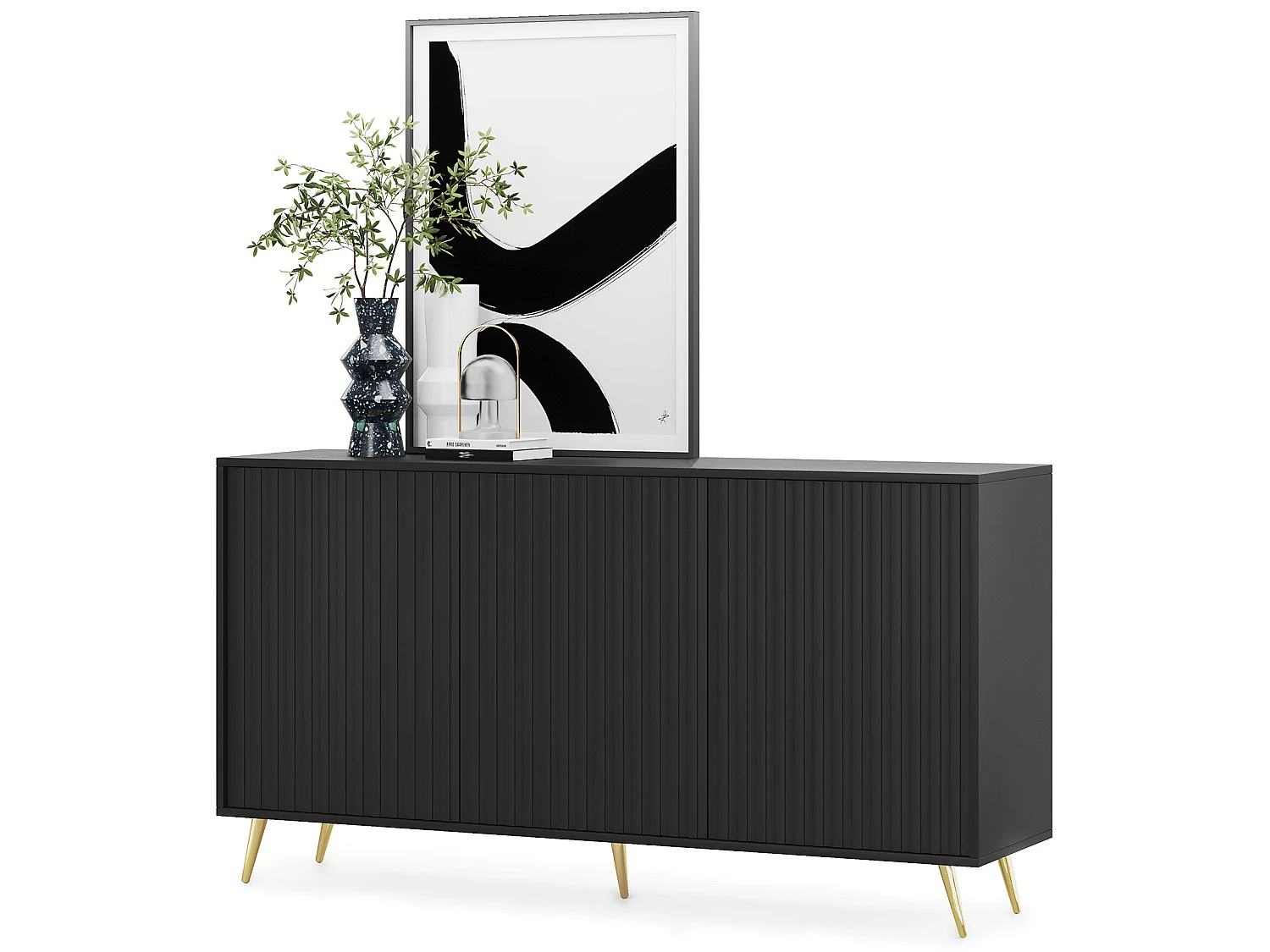 Sideboard mit Lamellenfronten - 154 cm - Schwarz mit goldenen Beinen - Bello
