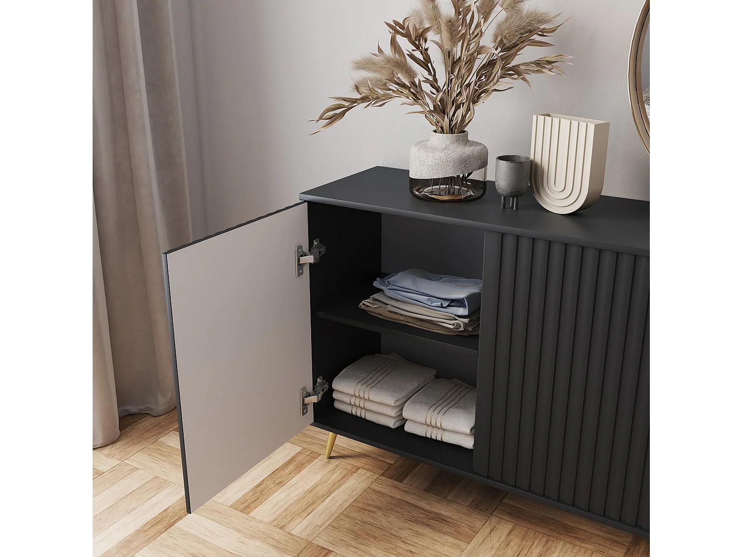 Sideboard mit Lamellenfronten - 154 cm - Schwarz mit goldenen Beinen - Bello