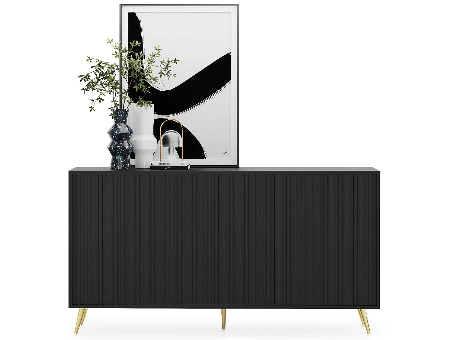 Sideboard mit Lamellenfronten - 154 cm - Schwarz mit goldenen Beinen - Bello