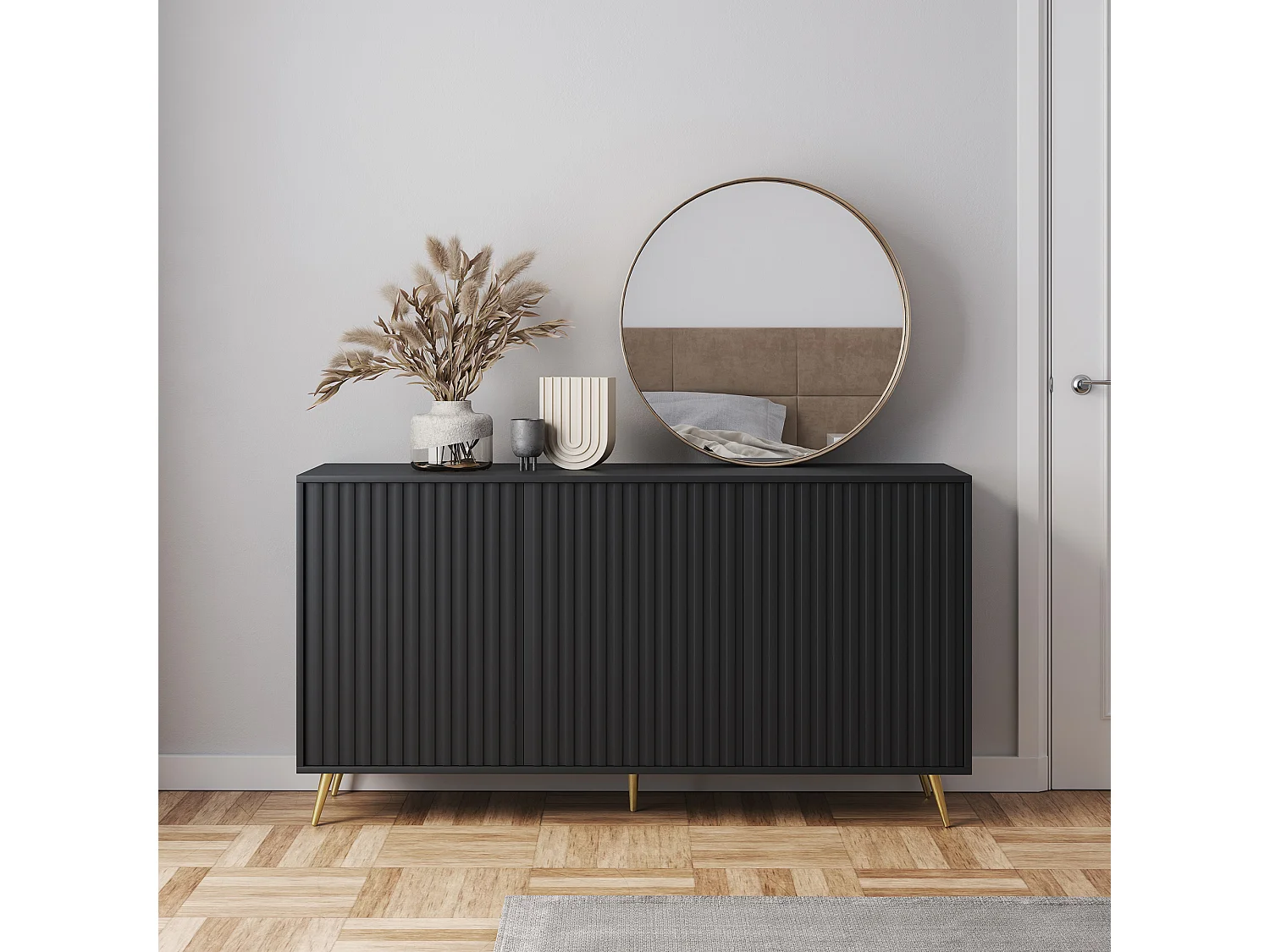 Sideboard mit Lamellenfronten - 154 cm - schwarz mit goldenen Beinen - BELLO