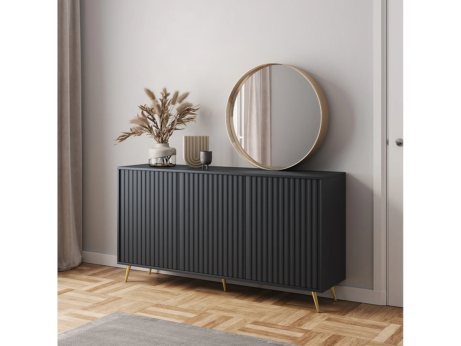 Sideboard mit Lamellenfronten - 154 cm - schwarz mit goldenen Beinen - BELLO