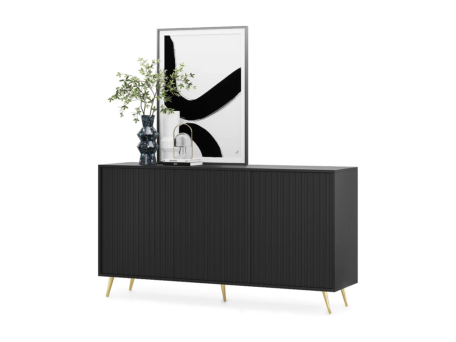 Sideboard mit Lamellenfronten - 154 cm - schwarz mit goldenen Beinen - BELLO