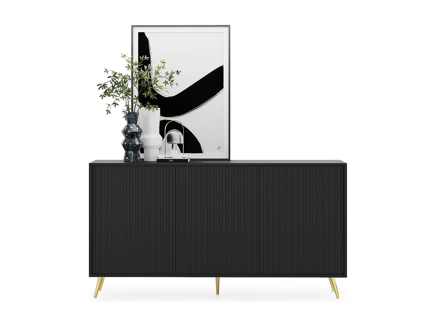 Sideboard mit Lamellenfronten - 154 cm - schwarz mit goldenen Beinen - BELLO