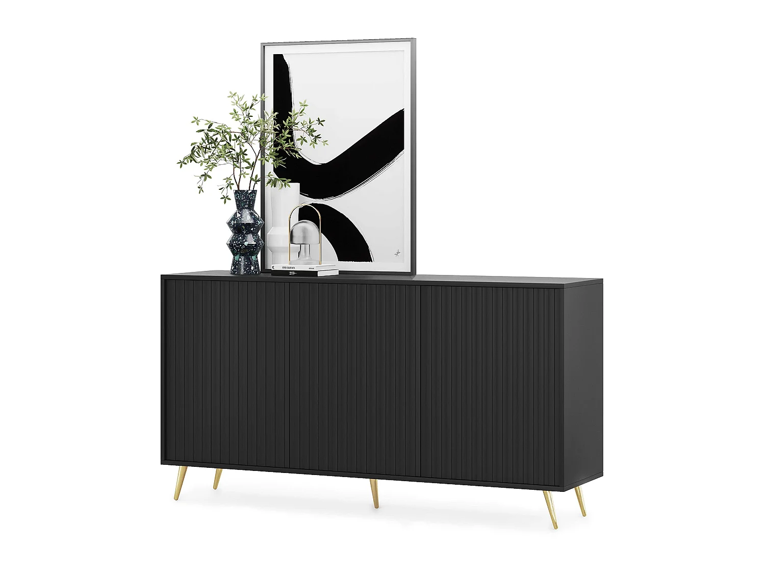 Buffet avec façades à lamelles - 154 cm - noir avec pieds dorés - BELLO