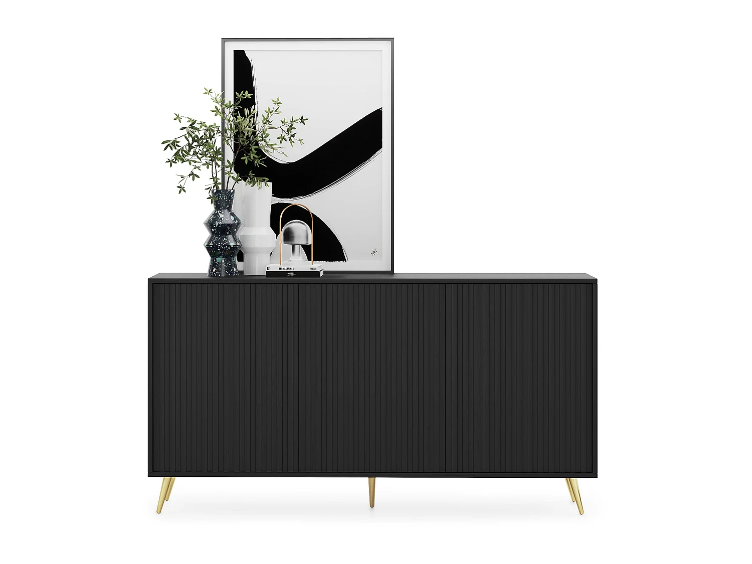 Buffet avec façades à lamelles - 154 cm - noir avec pieds dorés - BELLO