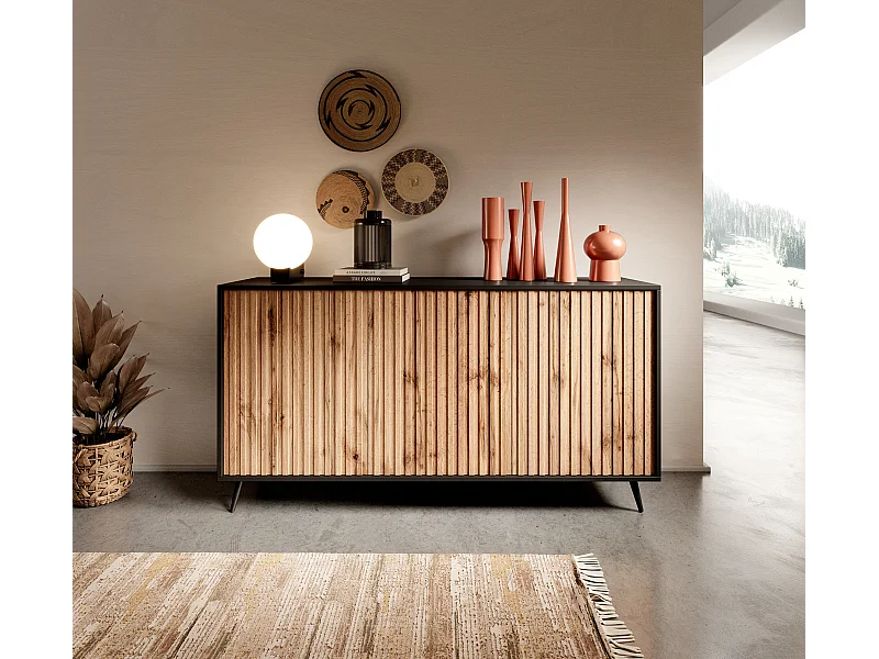 Dressoir met lamellenfronten - 154 cm - zwart / wotan eiken - BELLO