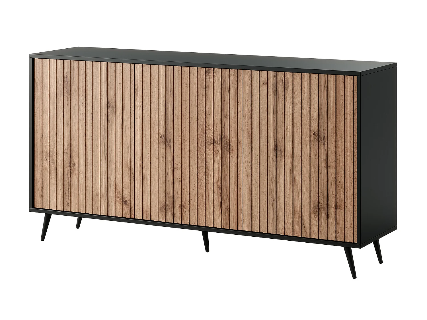 Sideboard mit Lamellenfronten - 154 cm - Schwarz / Wotaneiche - Bello