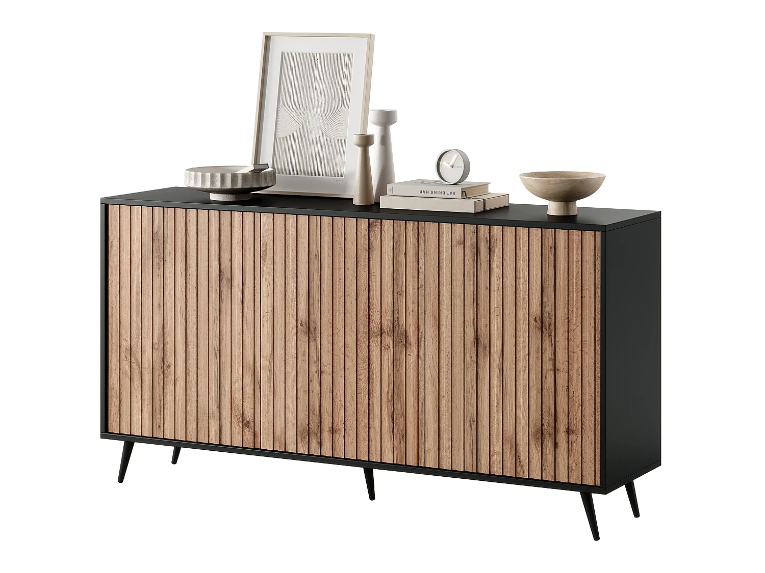 Sideboard mit Lamellenfronten - 154 cm - Schwarz / Wotaneiche - Bello