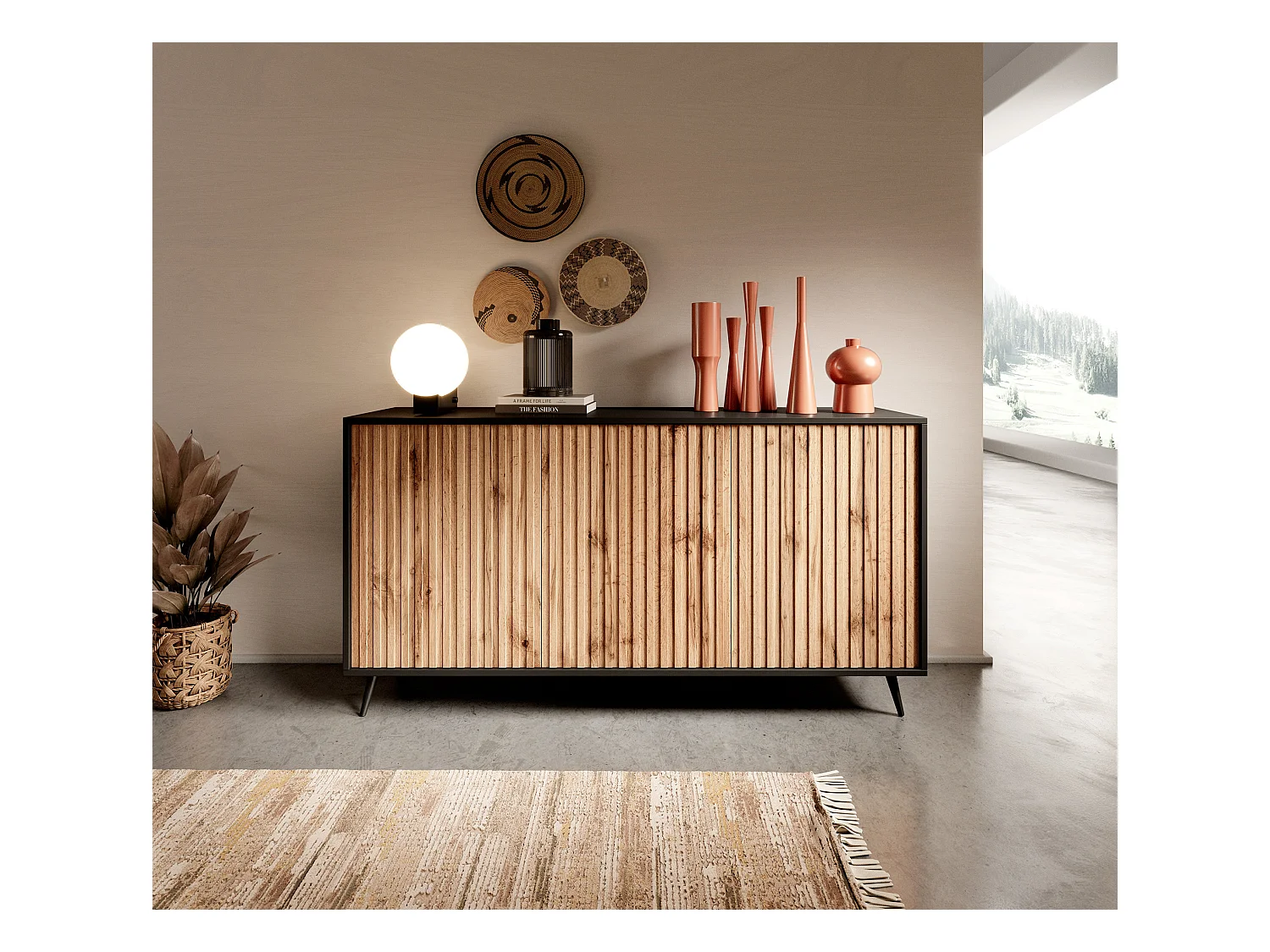 Buffet avec façades à lamelles - 154 cm - noir / chêne wotan - BELLO