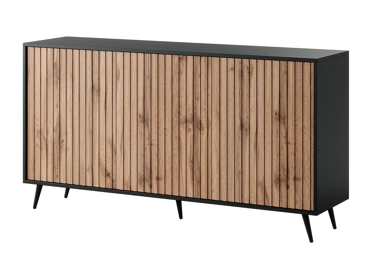 Buffet avec façades à lamelles - 154 cm - noir / chêne wotan - BELLO
