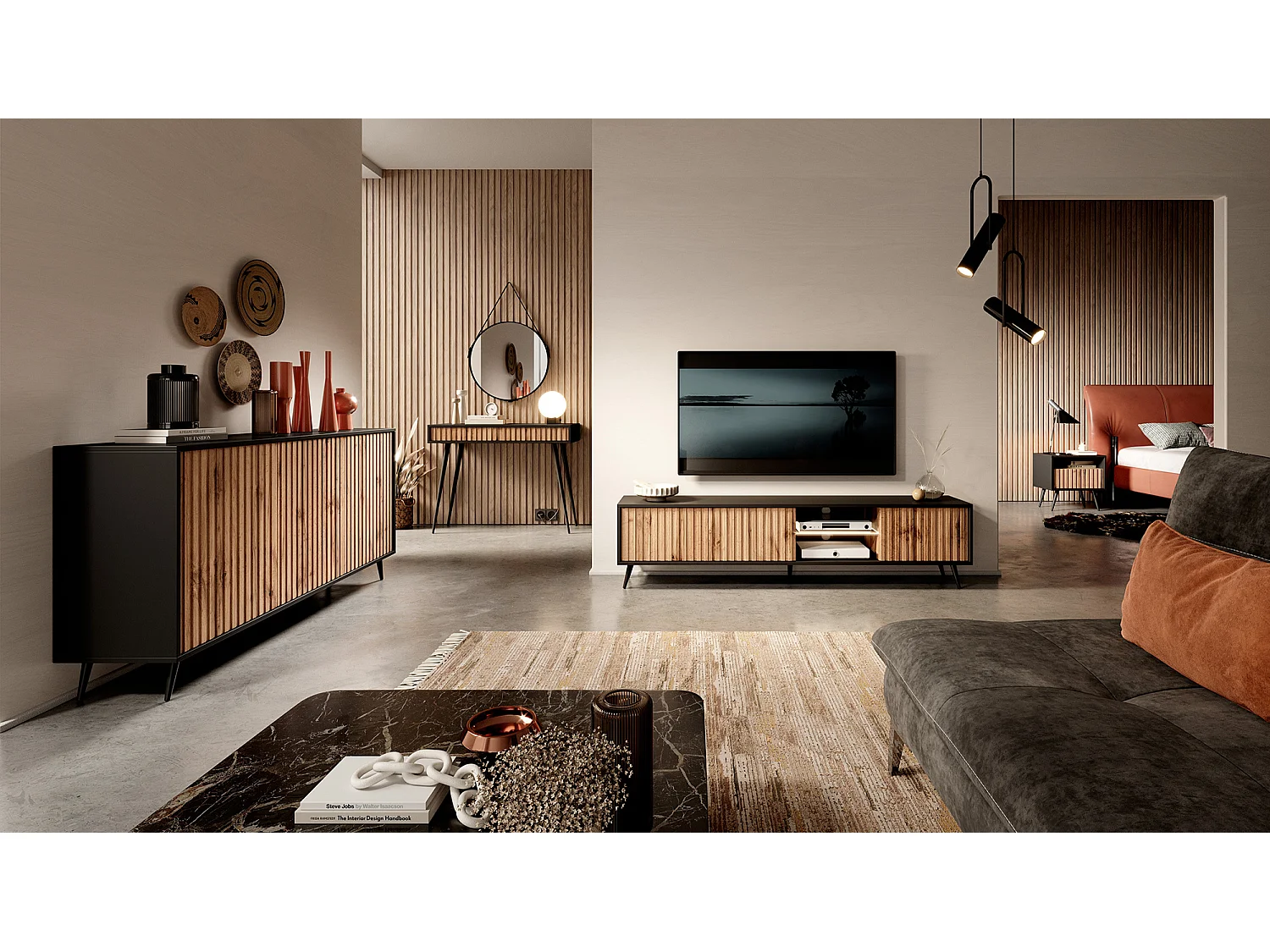 Buffet avec façades à lamelles - 154 cm - noir / chêne wotan - BELLO