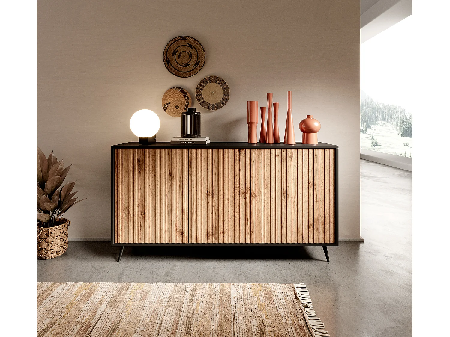 Sideboard mit Lamellenfronten - 154 cm - Schwarz / Wotaneiche - BELLO