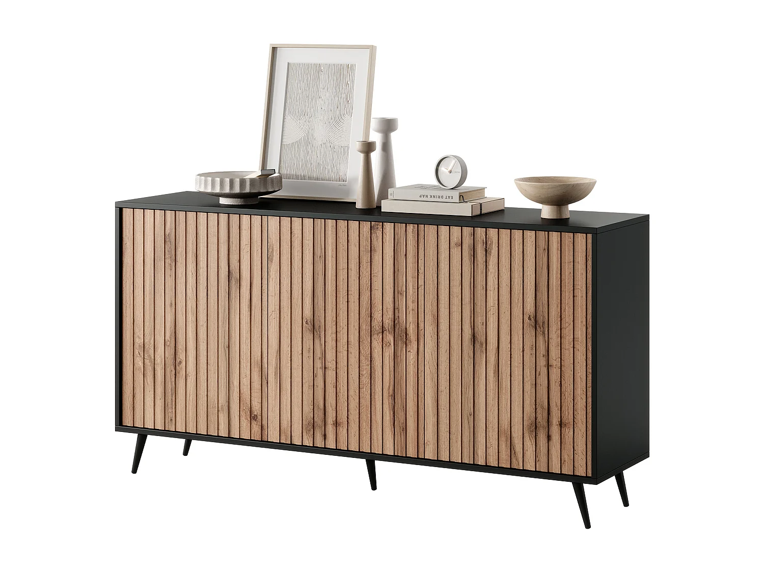 Sideboard mit Lamellenfronten - 154 cm - Schwarz / Wotaneiche - BELLO
