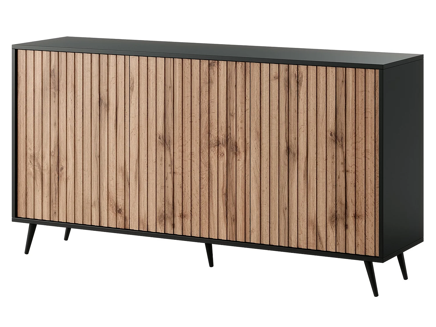 Buffet avec façades à lamelles - 154 cm - noir / chêne wotan - BELLO