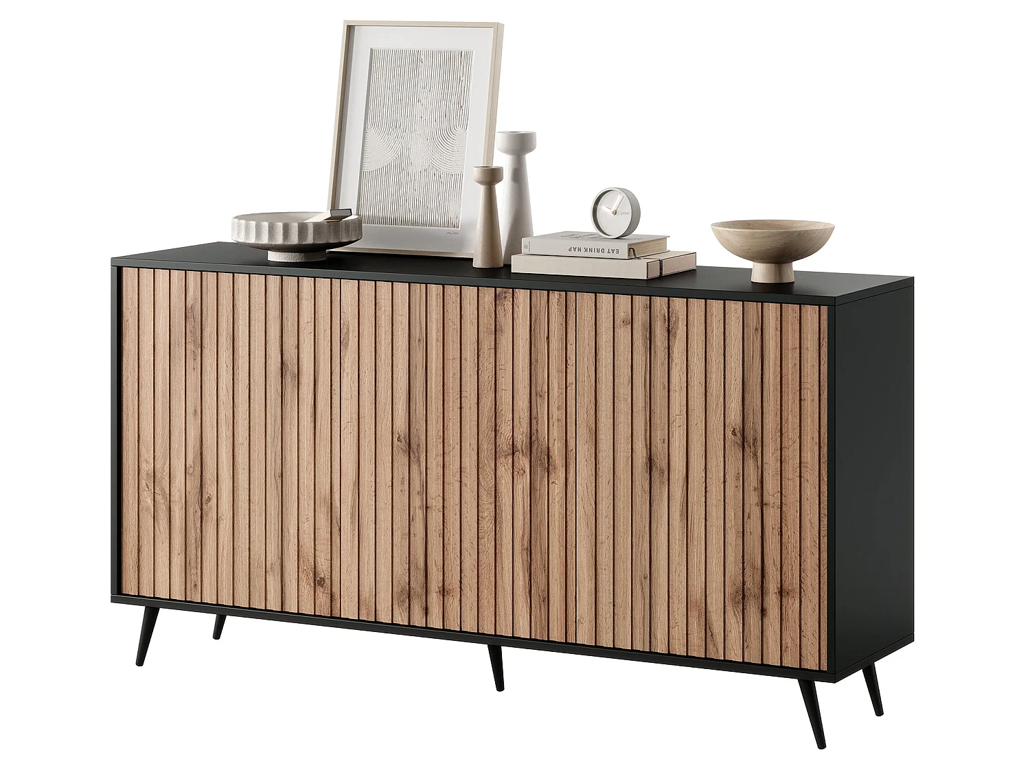 Buffet avec façades à lamelles - 154 cm - noir / chêne wotan - BELLO