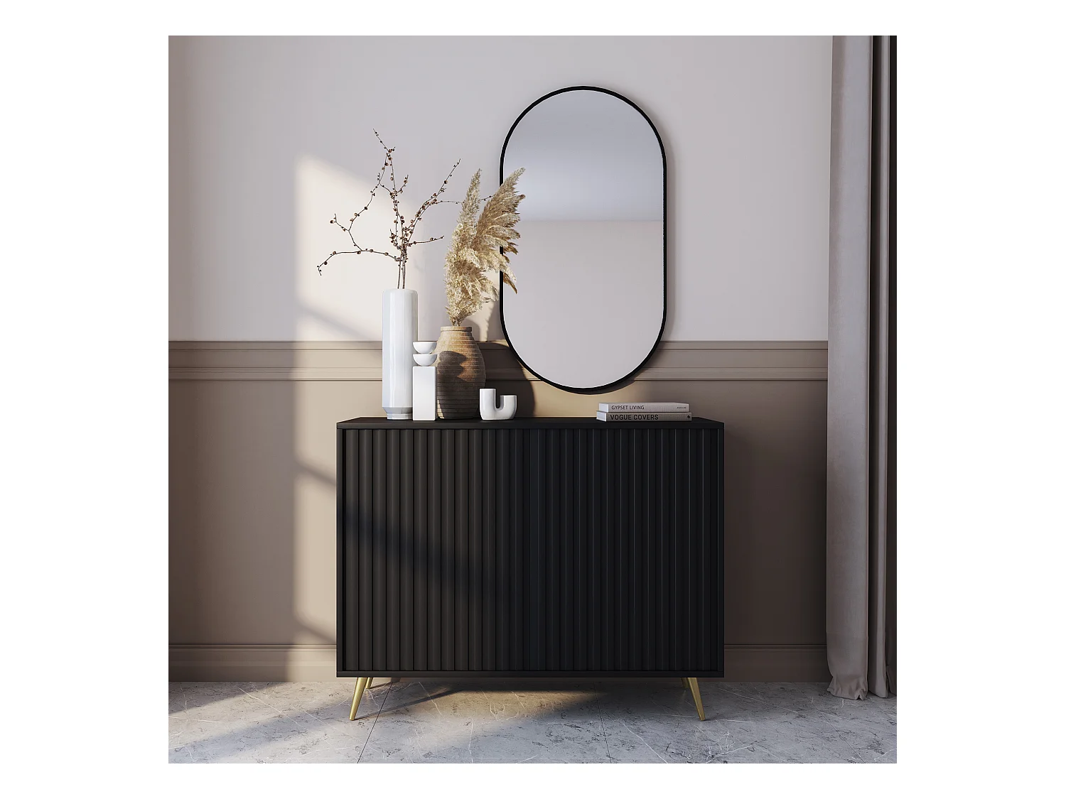 Dressoir met lamellenfronten - 104 cm - zwart met gouden poten - BELLO