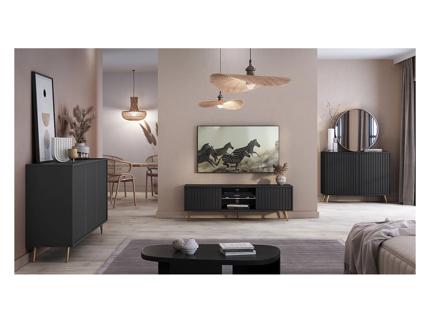 Dressoir met lamellenfronten - 104 cm - zwart met gouden poten - BELLO