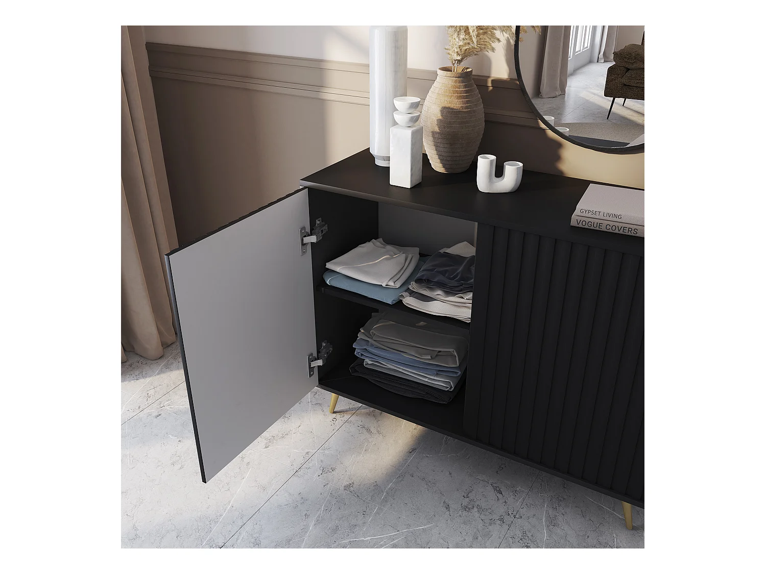 Dressoir met lamellenfronten - 104 cm - zwart met gouden poten - BELLO