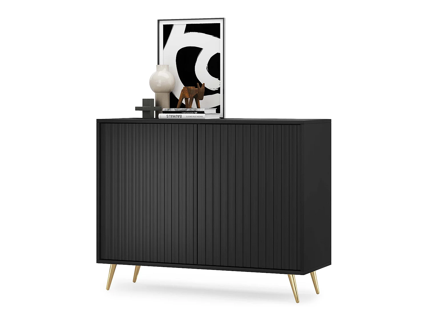 Dressoir met lamellenfronten - 104 cm - zwart met gouden poten - BELLO