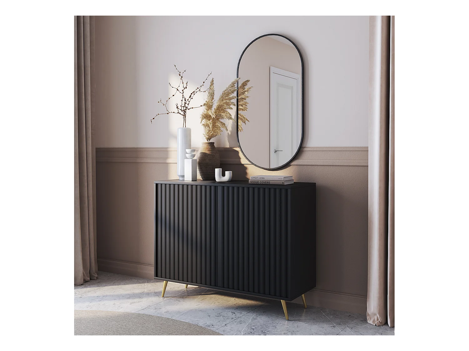 Buffet avec façades à lamelles - 104 cm - noir avec pieds dorés - BELLO