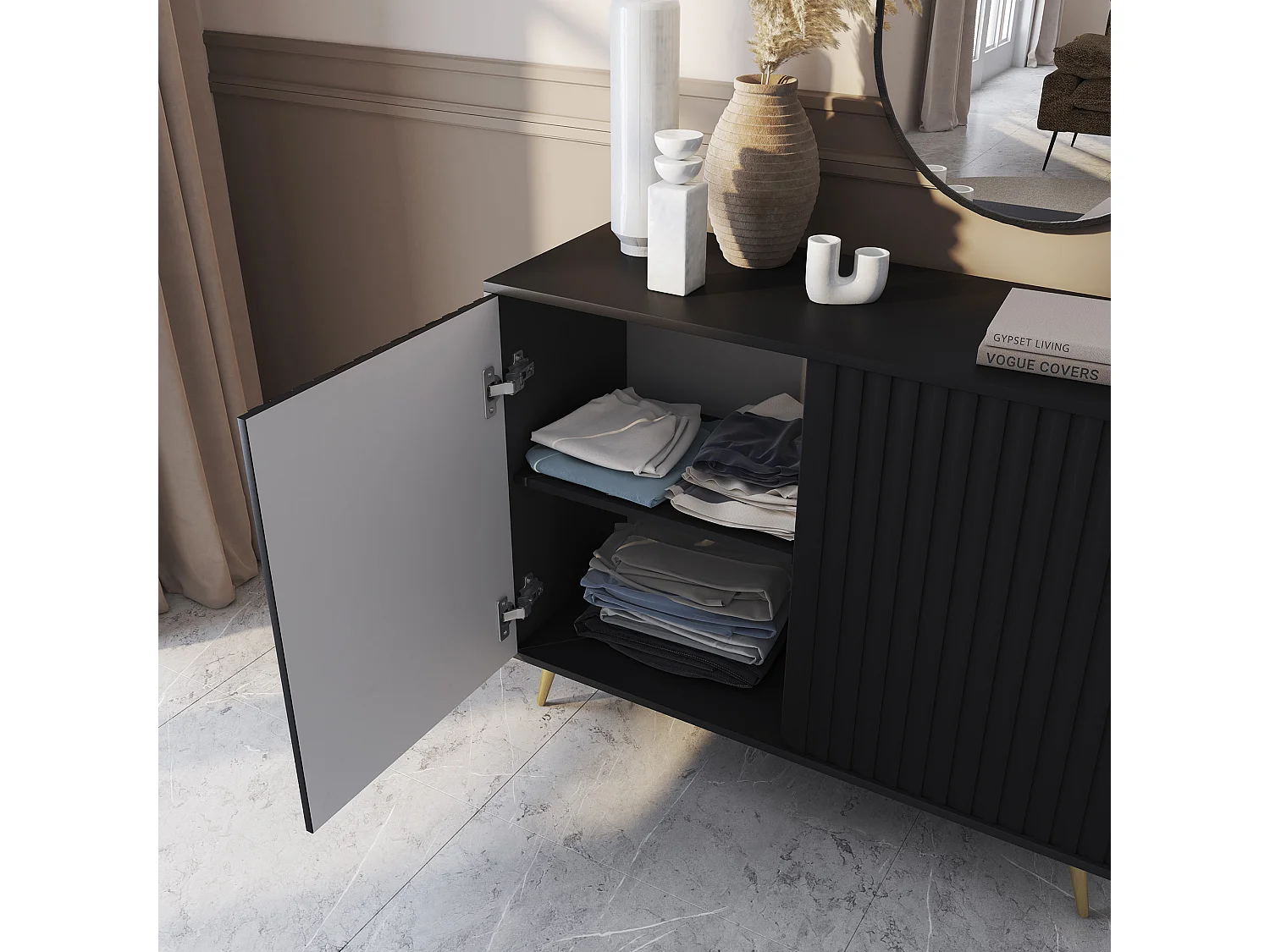 Buffet avec façades à lamelles - 104 cm - noir avec pieds dorés - BELLO