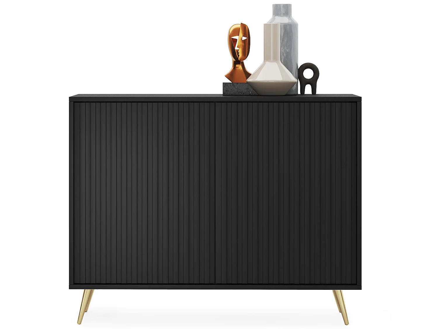 Buffet avec façades à lamelles - 104 cm - noir avec pieds dorés - BELLO