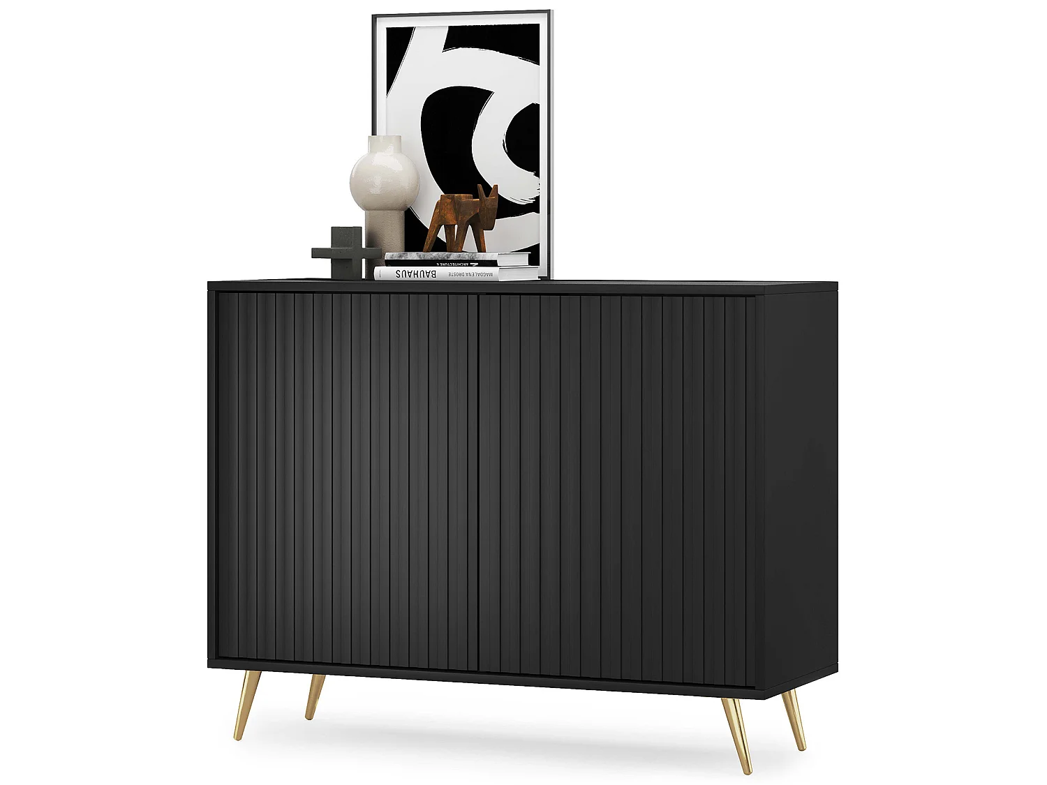 Buffet avec façades à lamelles - 104 cm - noir avec pieds dorés - BELLO