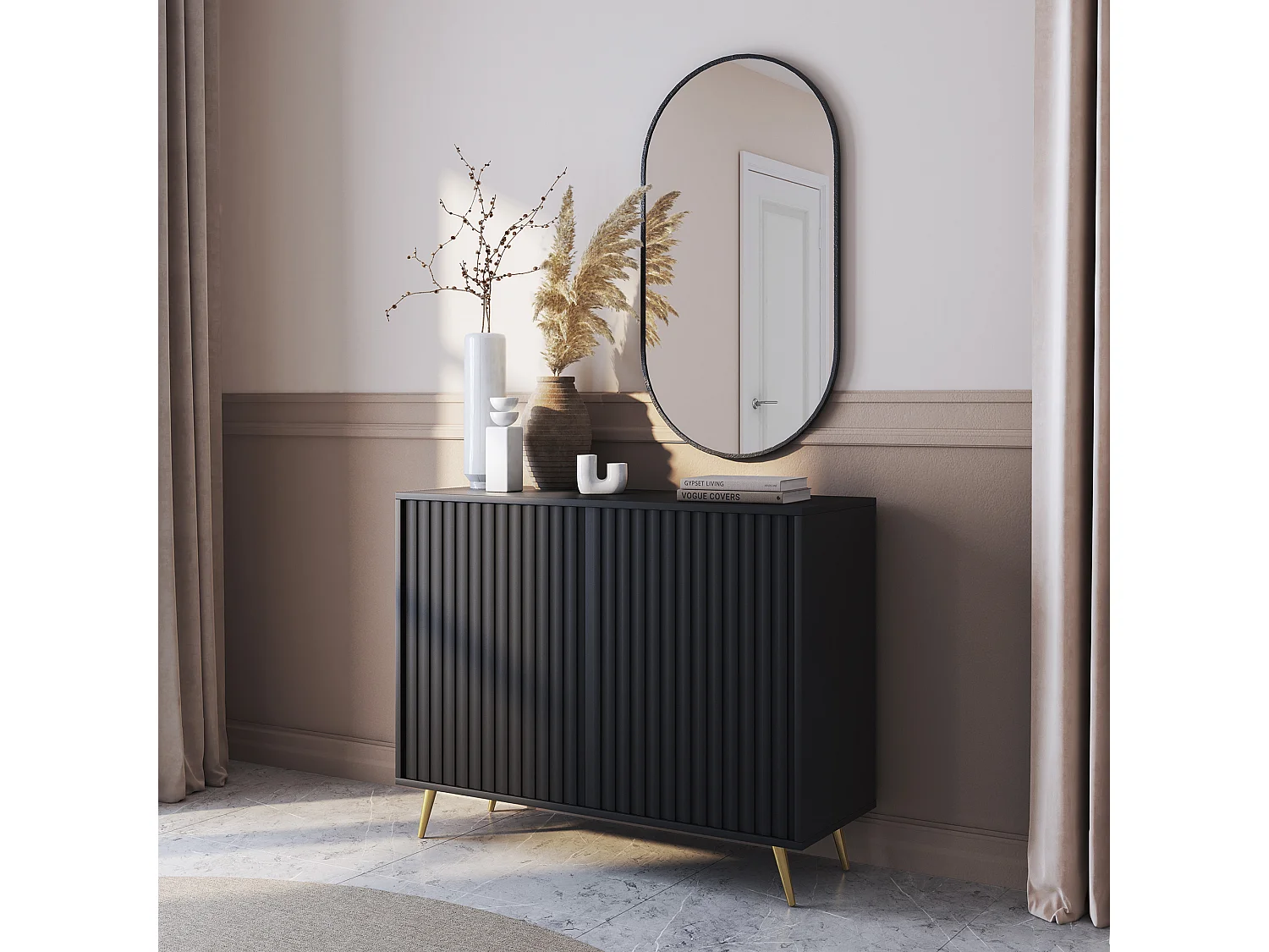 Sideboard mit Lamellenfronten - 104 cm - schwarz mit goldenen Beinen - BELLO