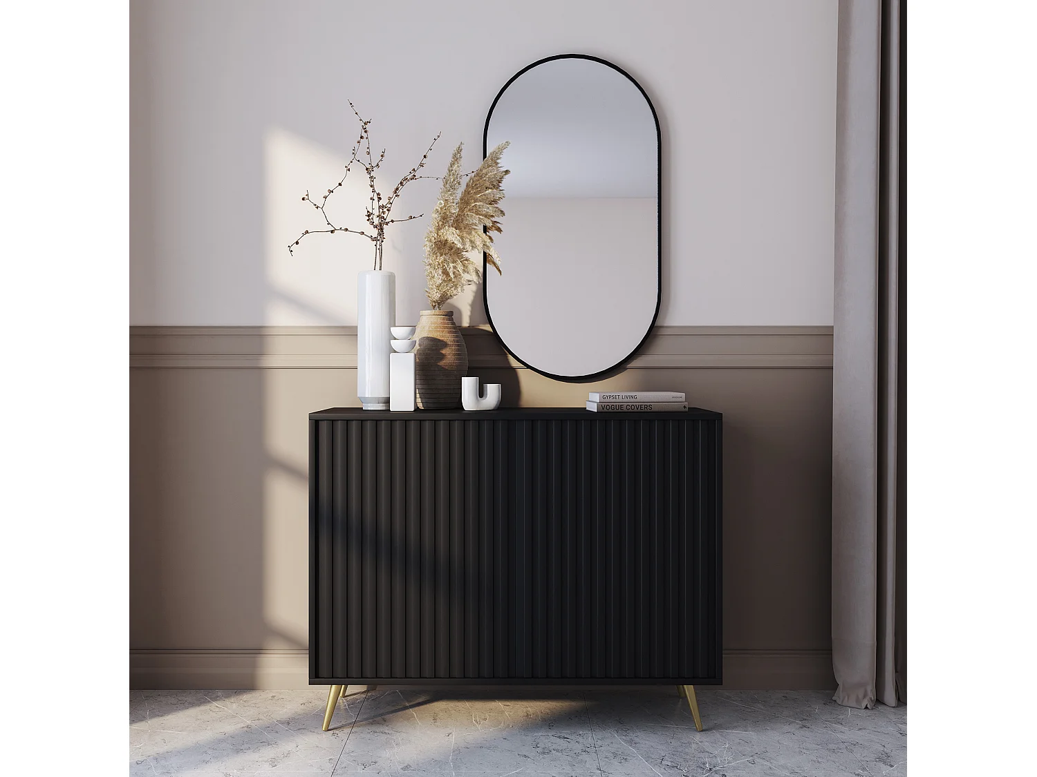 Sideboard mit Lamellenfronten - 104 cm - schwarz mit goldenen Beinen - BELLO