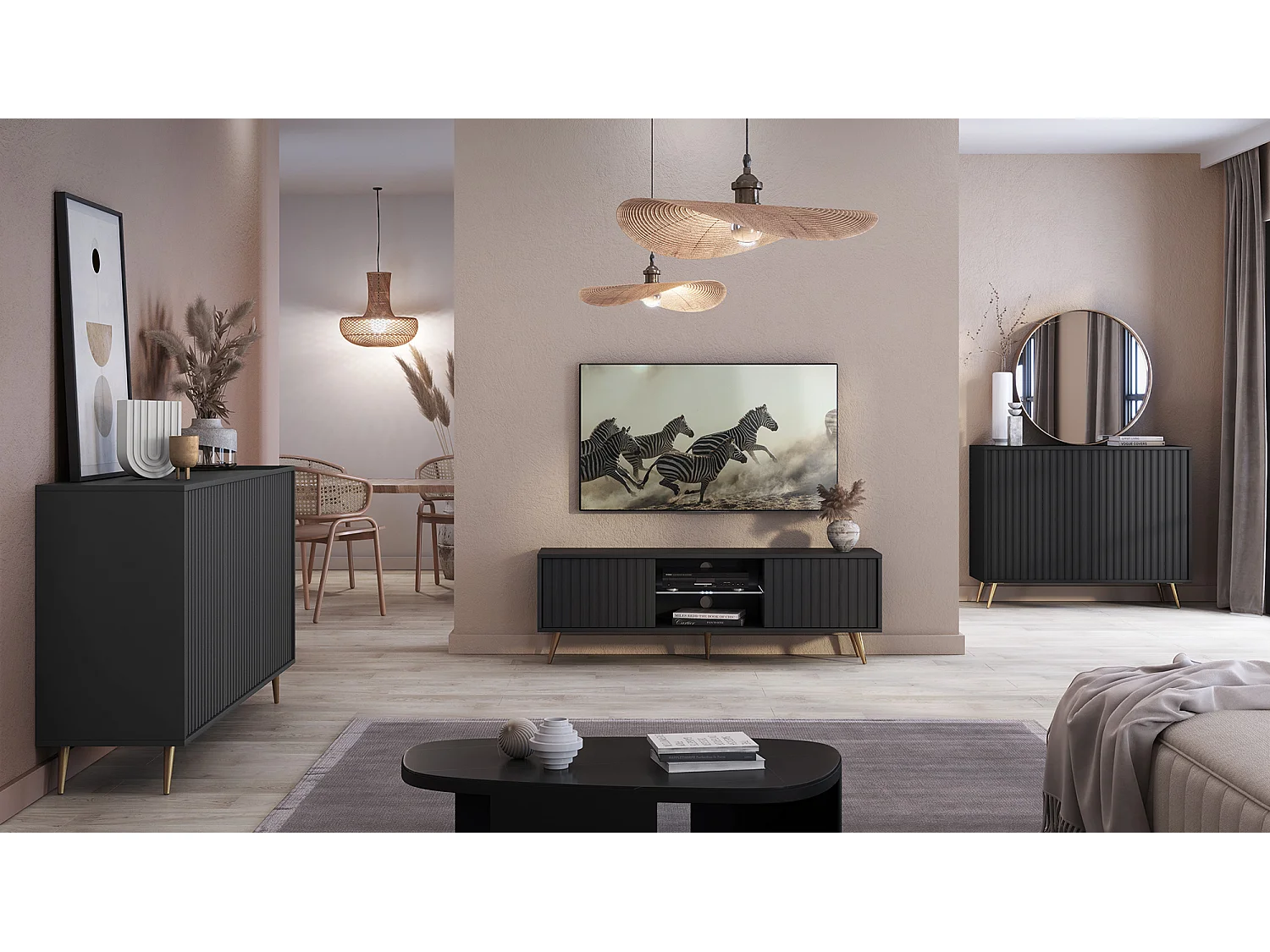 Sideboard mit Lamellenfronten - 104 cm - schwarz mit goldenen Beinen - BELLO