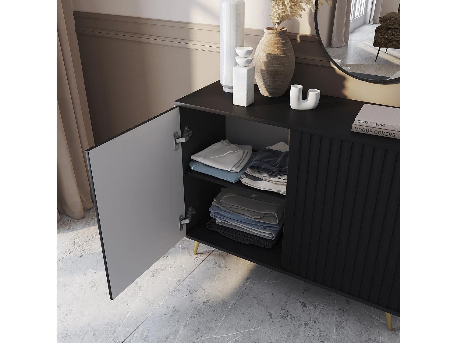 Sideboard mit Lamellenfronten - 104 cm - schwarz mit goldenen Beinen - BELLO