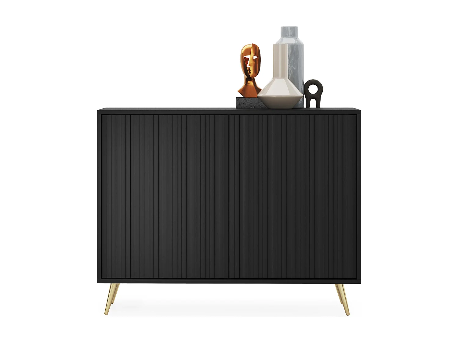 Sideboard mit Lamellenfronten - 104 cm - schwarz mit goldenen Beinen - BELLO