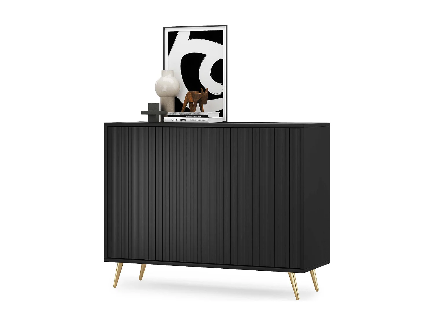Sideboard mit Lamellenfronten - 104 cm - schwarz mit goldenen Beinen - BELLO