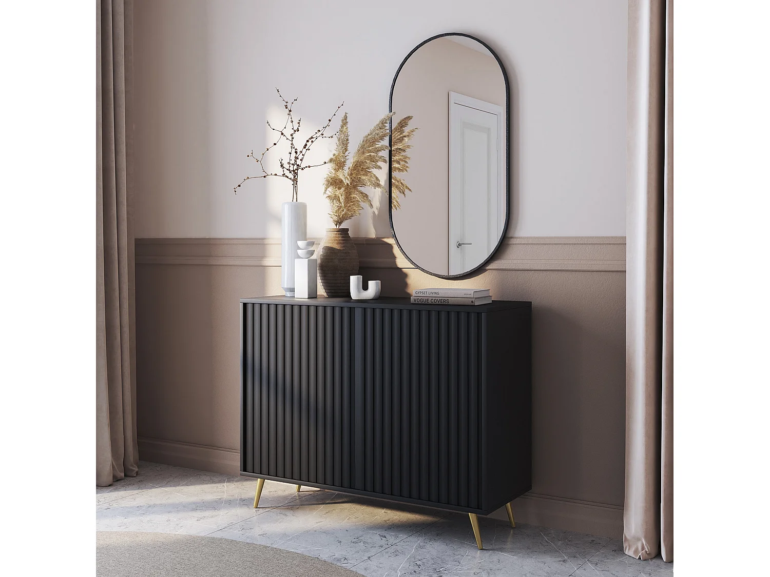 Buffet avec façades à lamelles - 104 cm - noir avec pieds dorés - BELLO