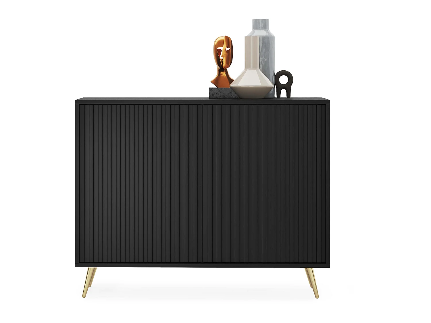 Buffet avec façades à lamelles - 104 cm - noir avec pieds dorés - BELLO
