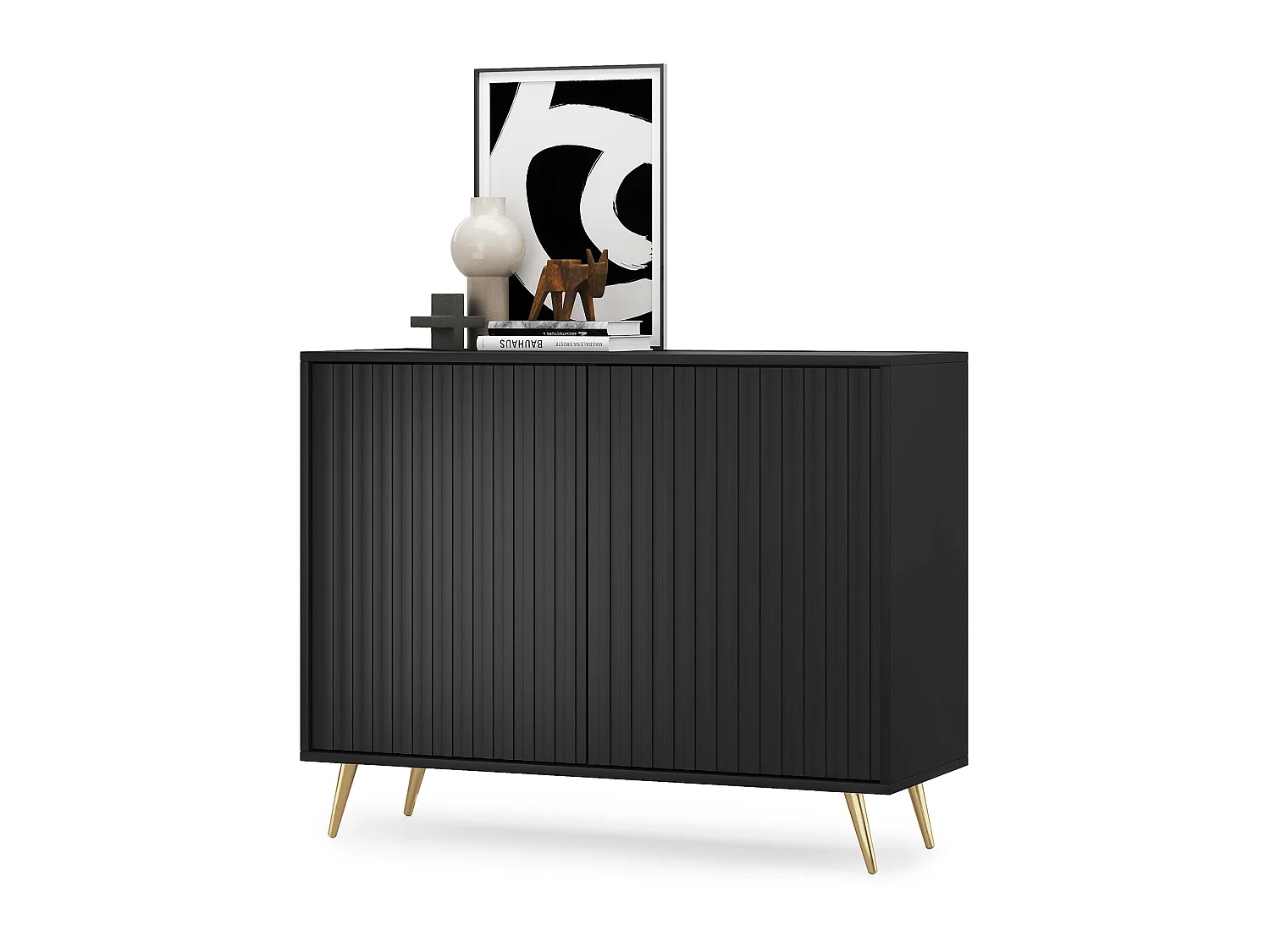 Buffet avec façades à lamelles - 104 cm - noir avec pieds dorés - BELLO