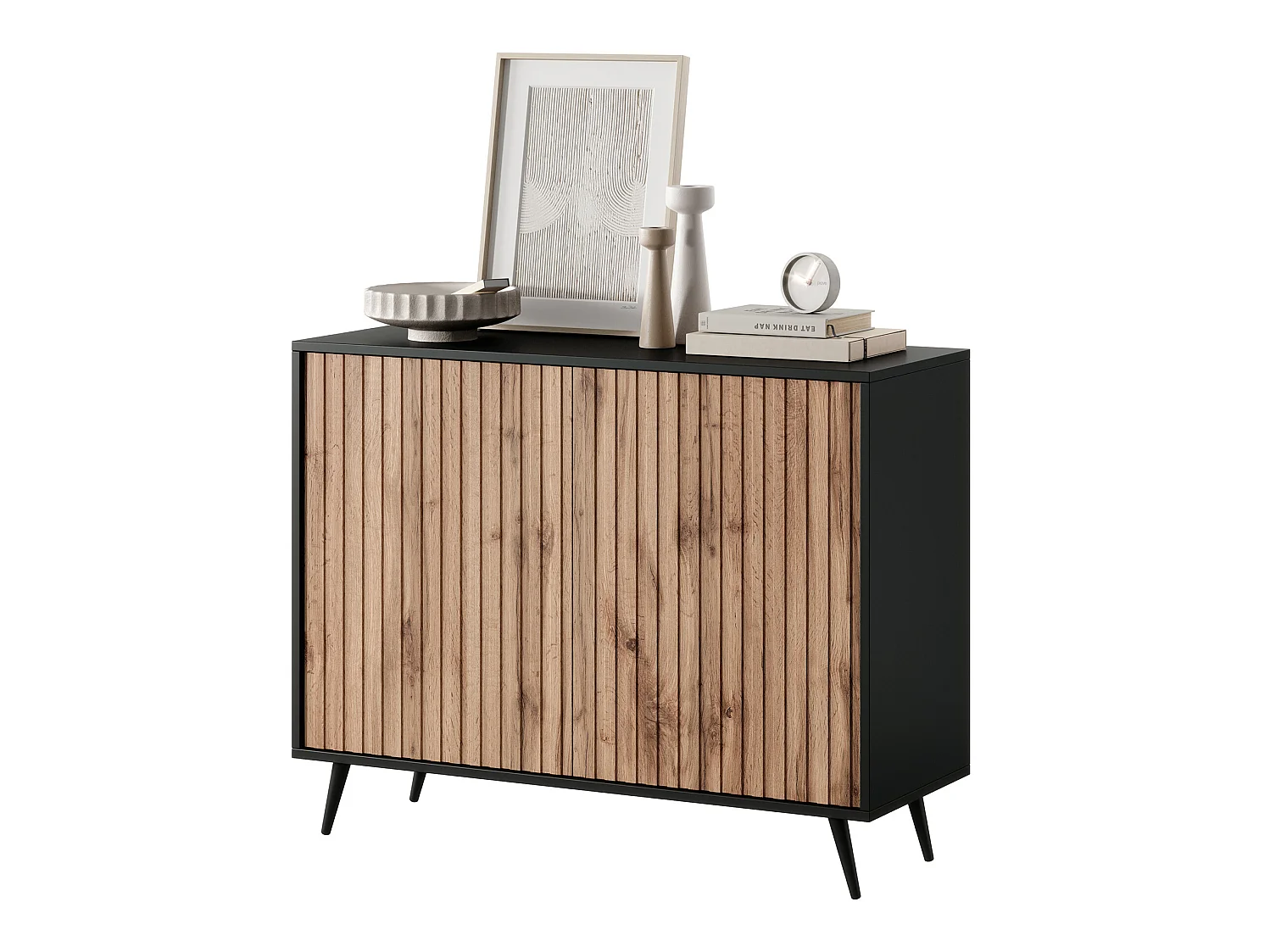 Sideboard mit Lamellenfronten - 104 cm - Schwarz / Wotaneiche - Bello