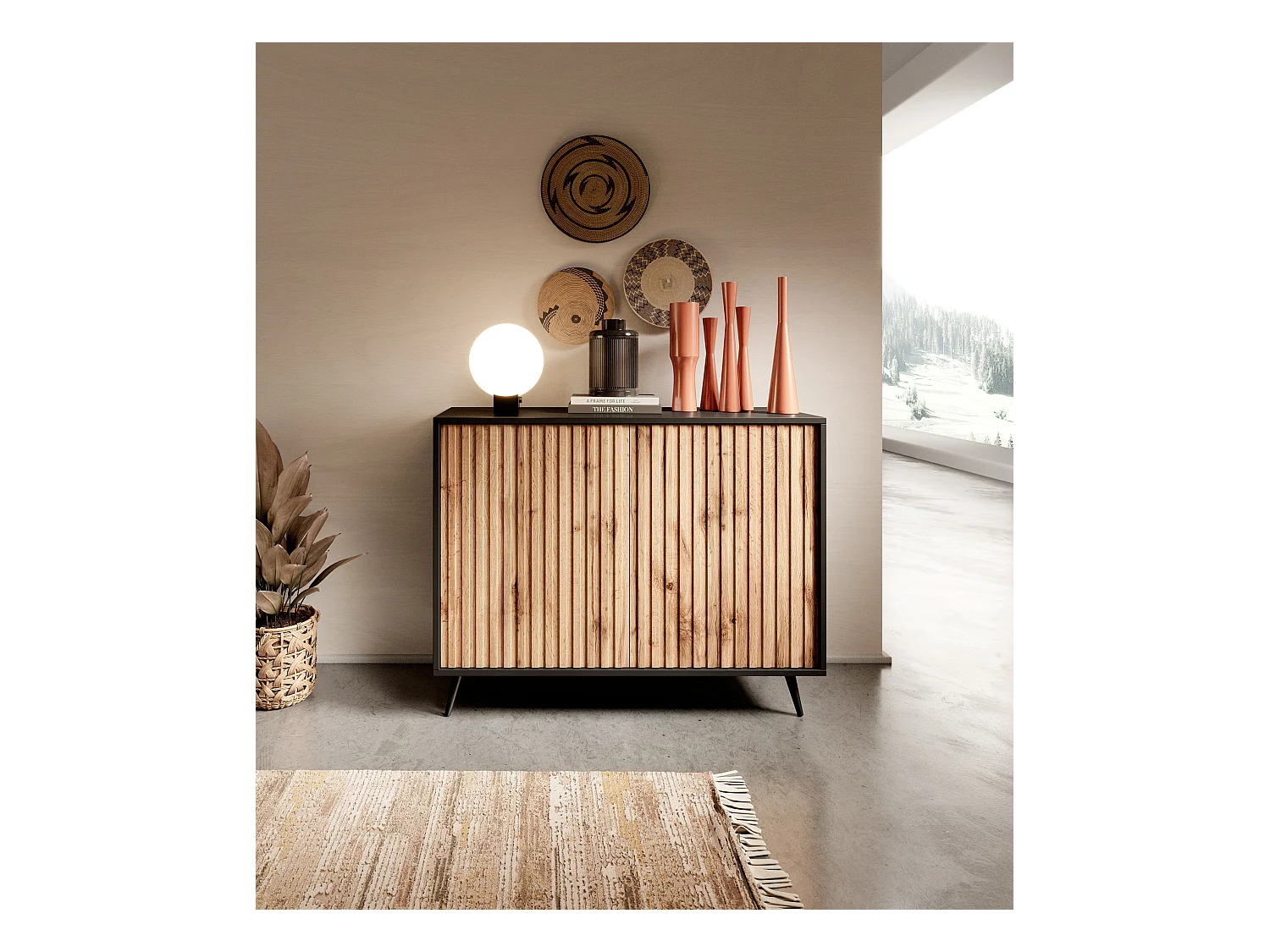 Buffet avec façades à lamelles - 104 cm - noir / chêne wotan - BELLO