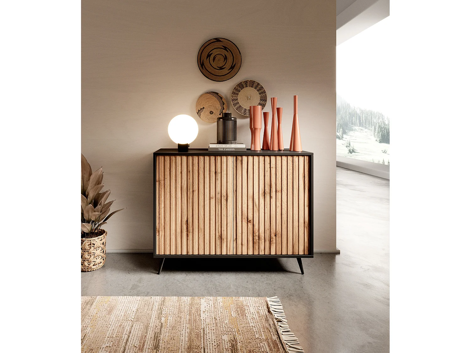 Buffet avec façades à lamelles - 104 cm - noir / chêne wotan - BELLO