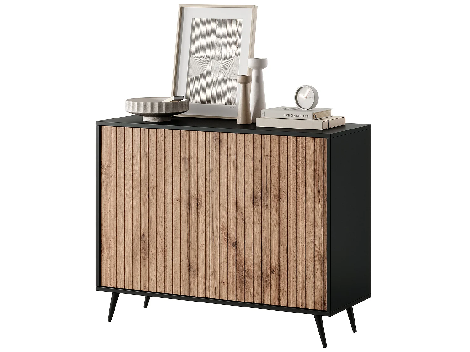 Buffet avec façades à lamelles - 104 cm - noir / chêne wotan - BELLO