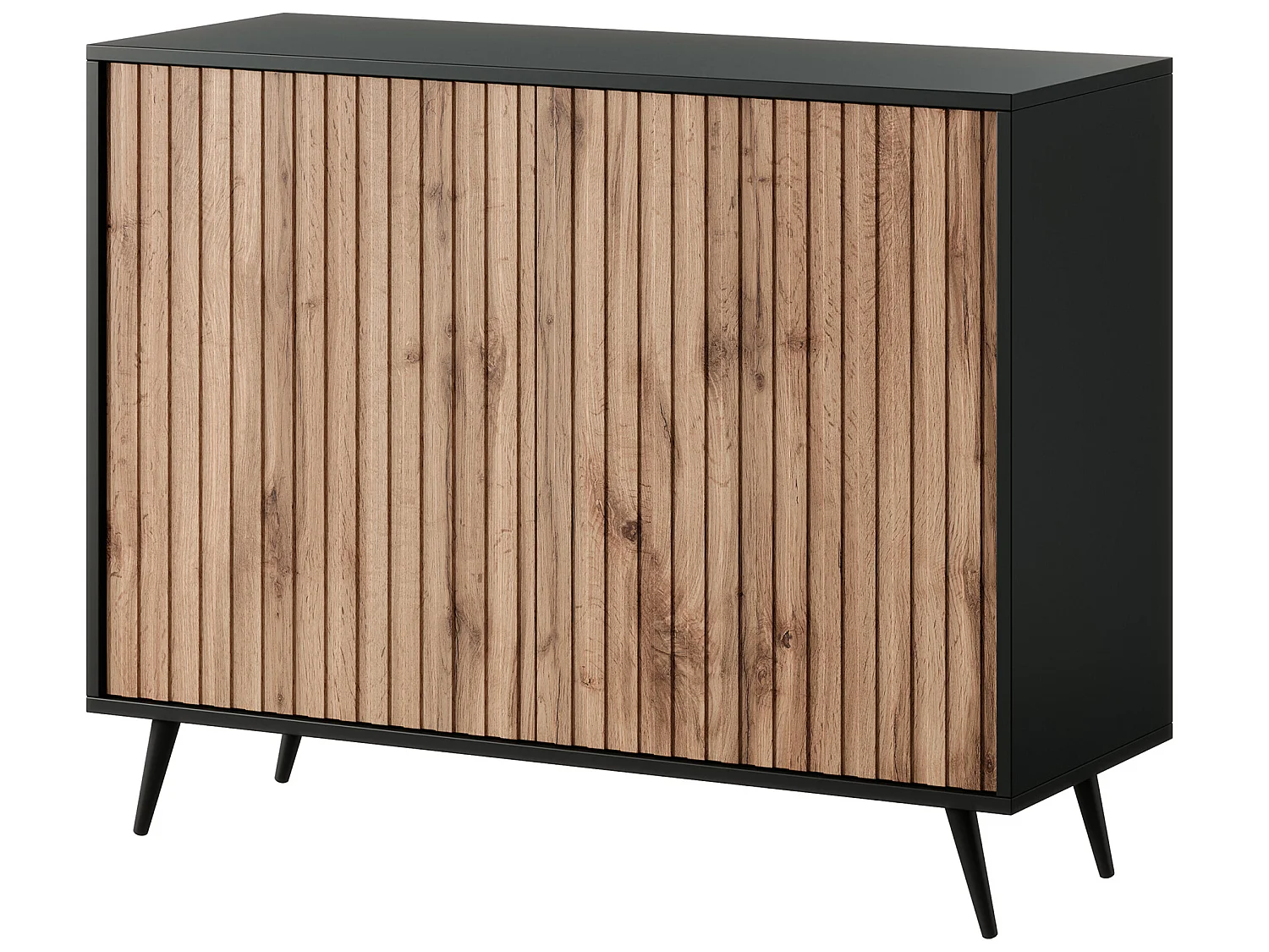 Buffet avec façades à lamelles - 104 cm - noir / chêne wotan - BELLO