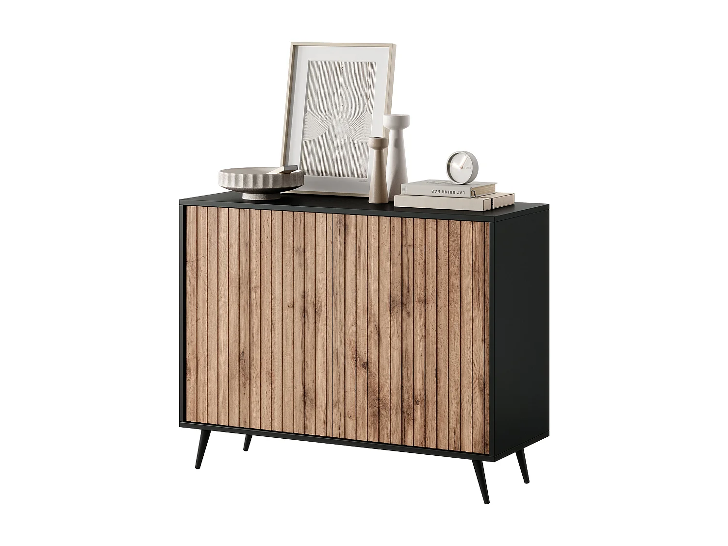 Buffet avec façades à lamelles - 104 cm - noir / chêne wotan - BELLO