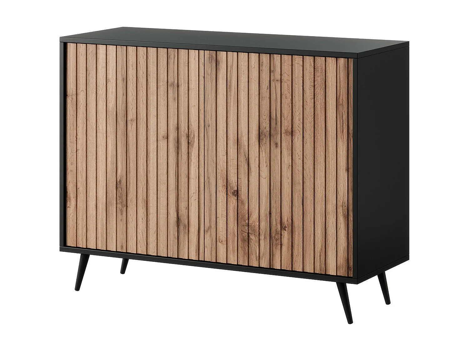 Buffet avec façades à lamelles - 104 cm - noir / chêne wotan - BELLO