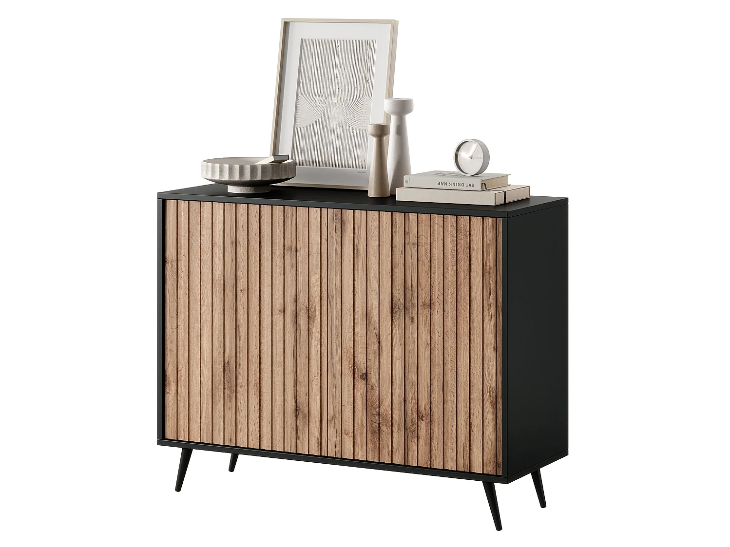 Buffet avec façades à lamelles - 104 cm - noir / chêne wotan - BELLO