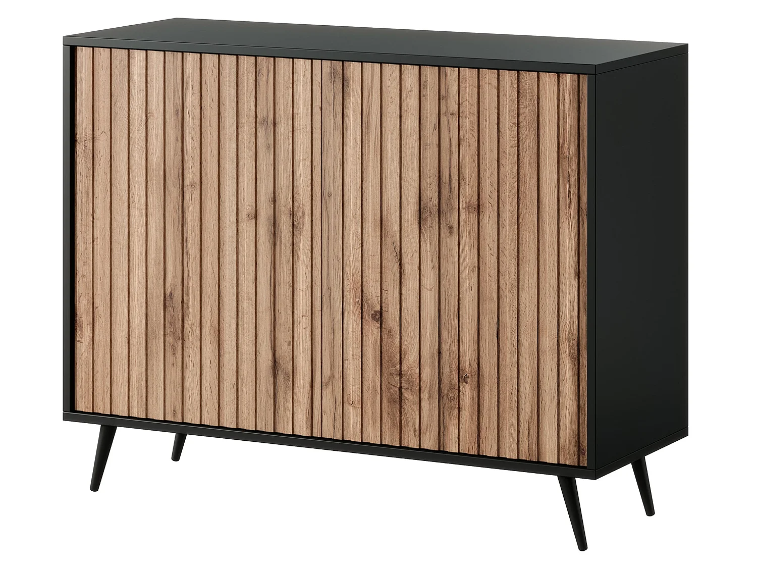 Buffet avec façades à lamelles - 104 cm - noir / chêne wotan - BELLO