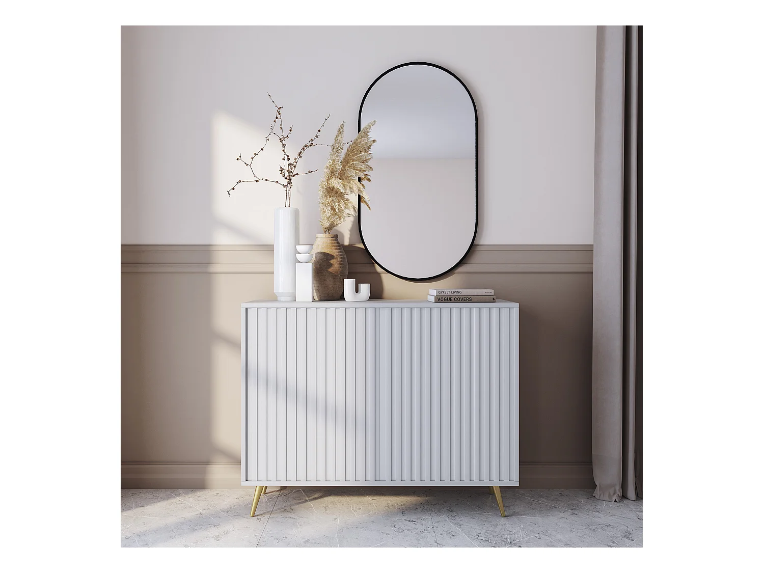 Dressoir met lamellenfronten - 104 cm - wit met gouden poten - BELLO