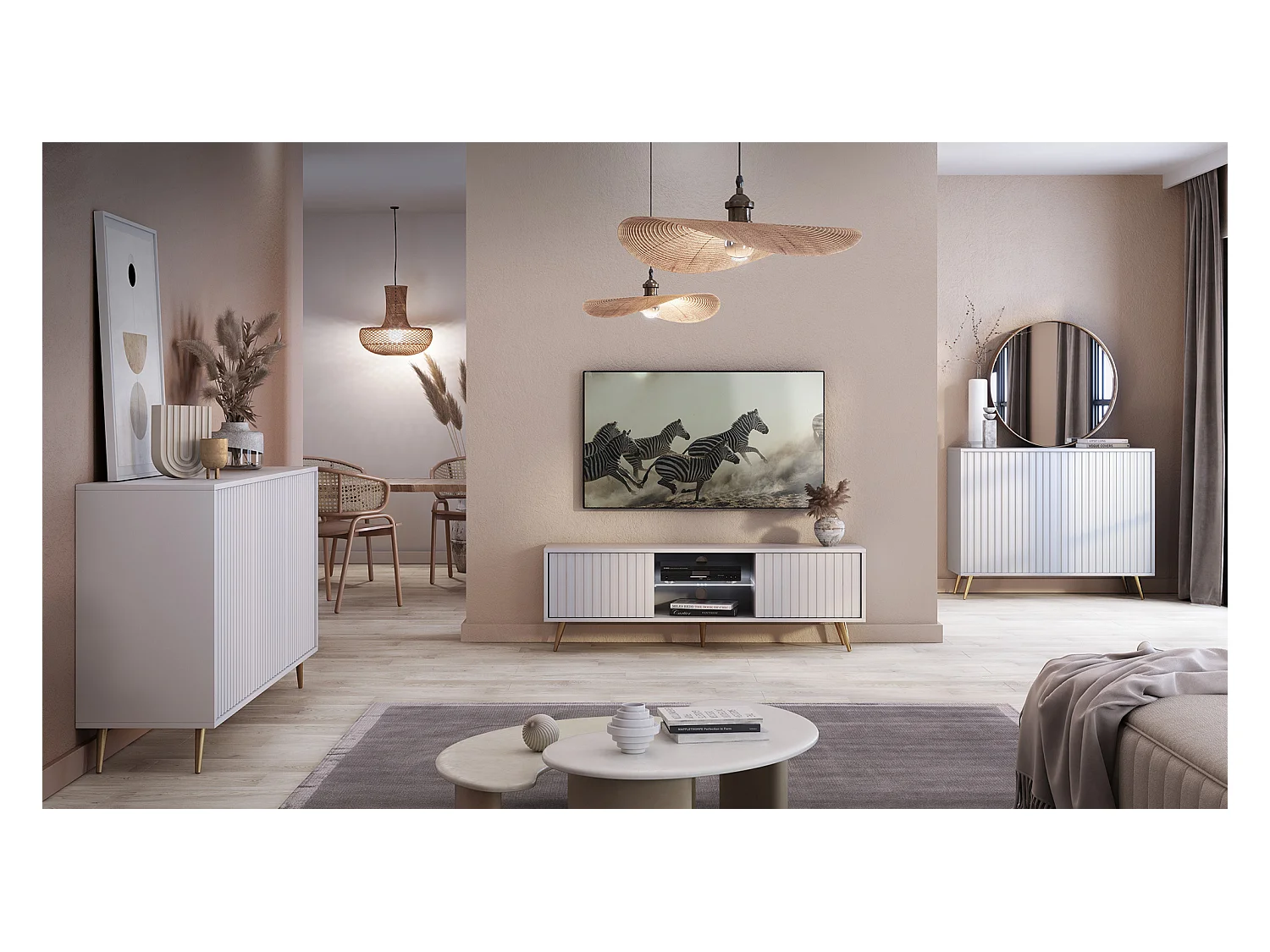 Dressoir met lamellenfronten - 104 cm - wit met gouden poten - BELLO