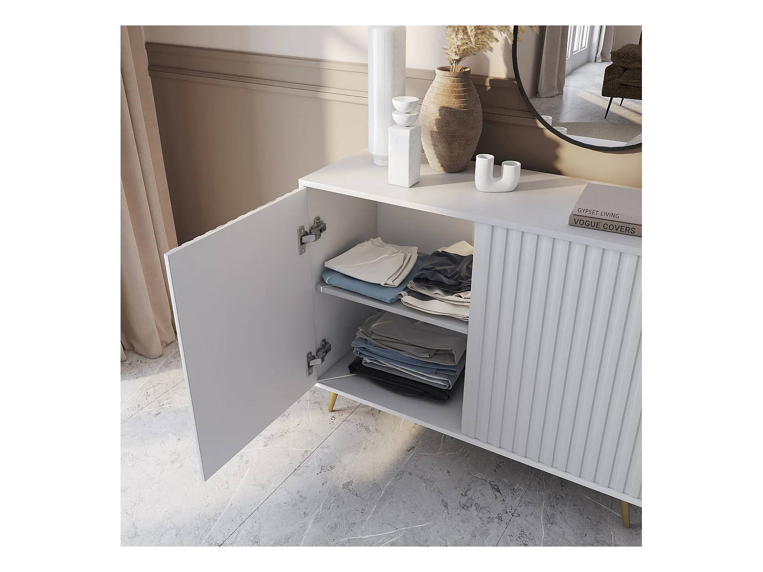 Dressoir met lamellenfronten - 104 cm - wit met gouden poten - BELLO