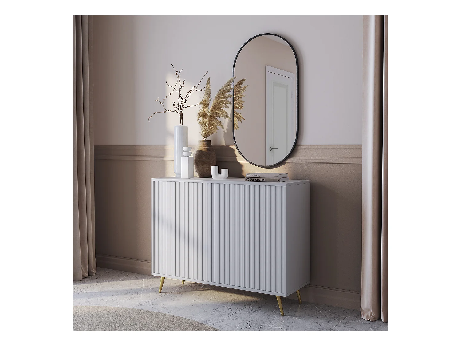 Buffet avec façades à lamelles - 104 cm - blanc avec pieds dorés - BELLO
