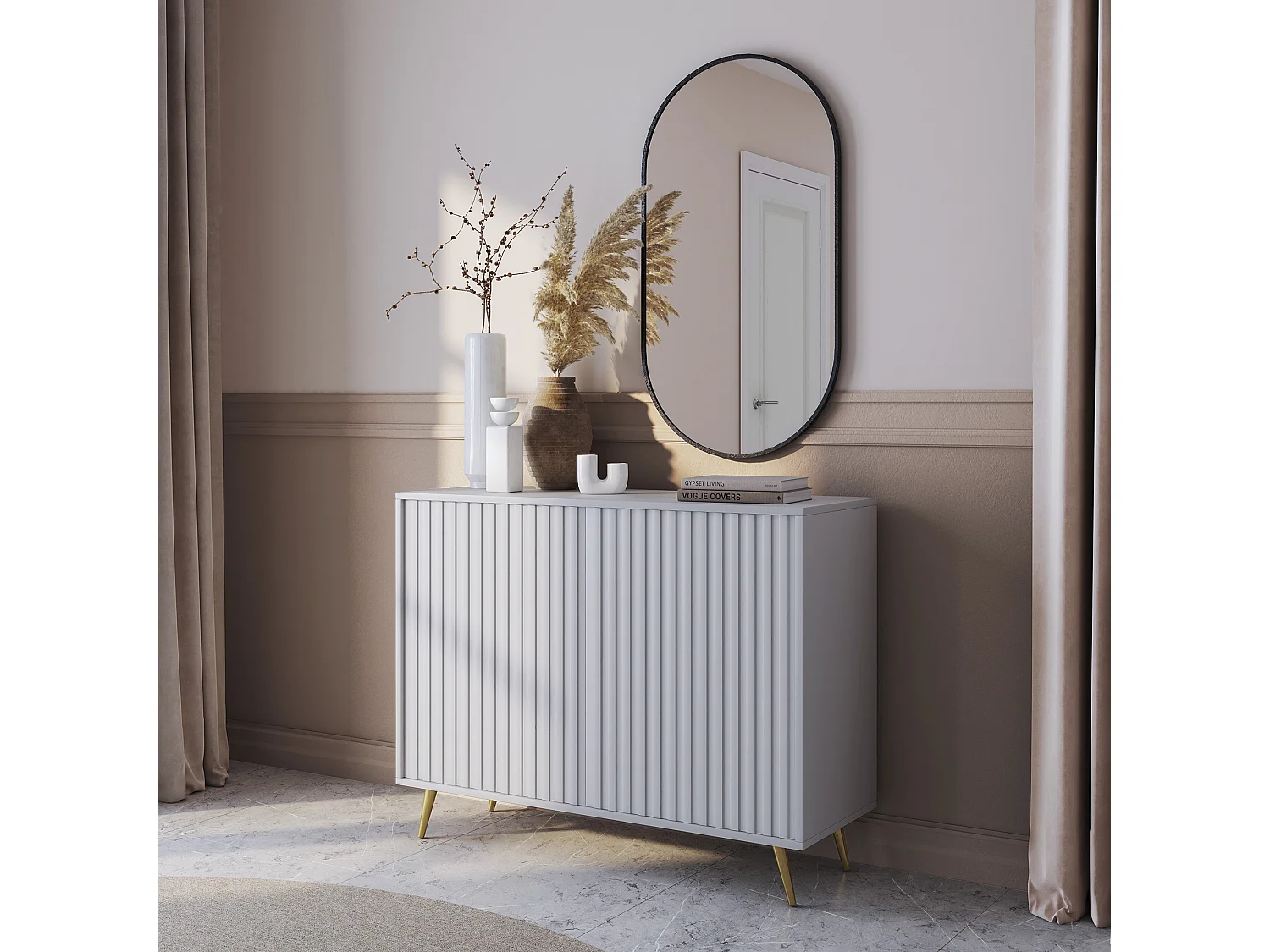 Buffet avec façades à lamelles - 104 cm - blanc avec pieds dorés - BELLO